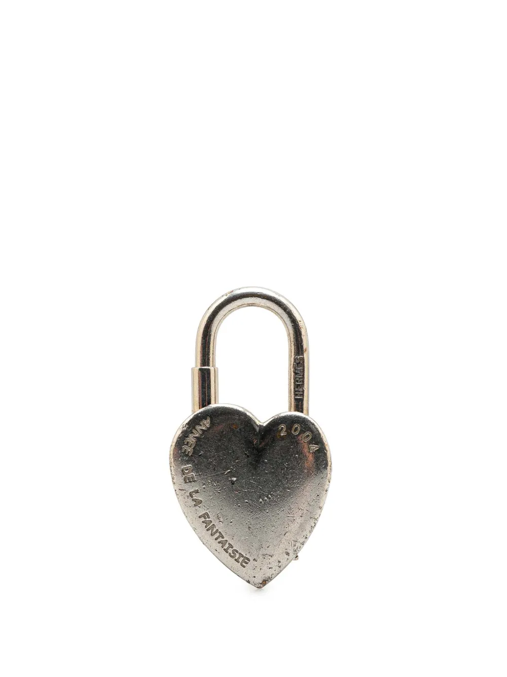 Pre-owned Hermes 2004 Palladium Plated Annee De La Fantaisie Heart Cadena Lock Charm In Silver