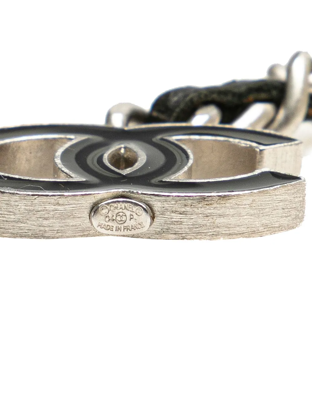 Pre-owned Chanel 2004 Silver Cc Leather Woven Chain Belt In Black