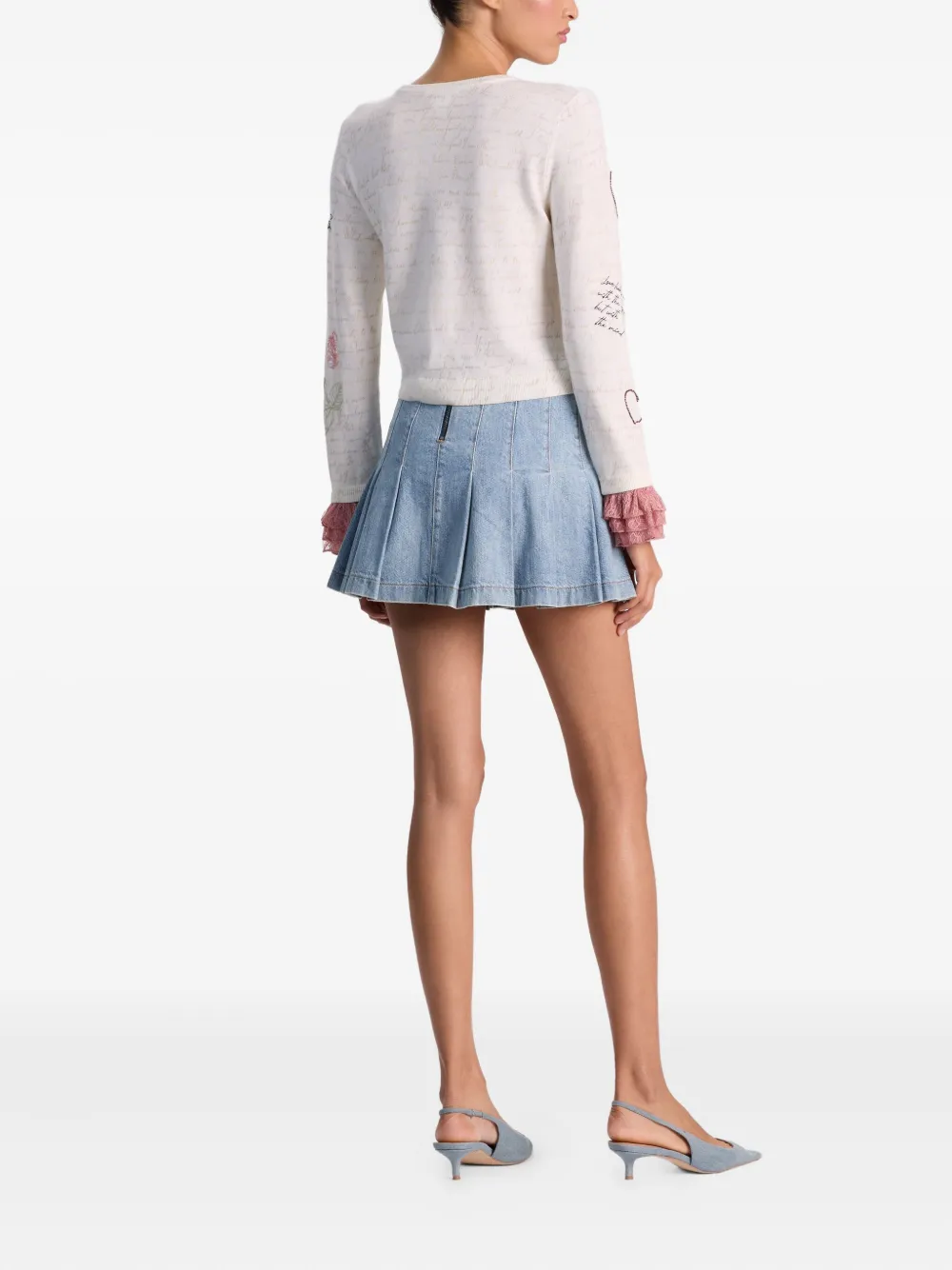 Alice And Olivia Carolann Script Embroidered Ruffle-cuff Sweater In Neutral