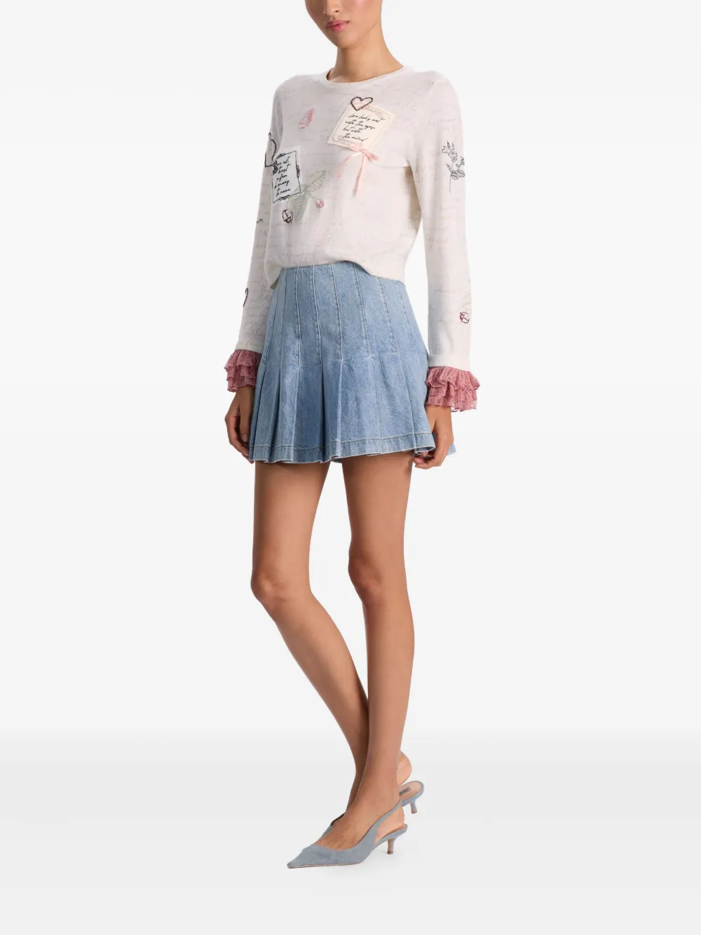 Alice And Olivia Carolann Script Embroidered Ruffle-cuff Sweater In Neutral