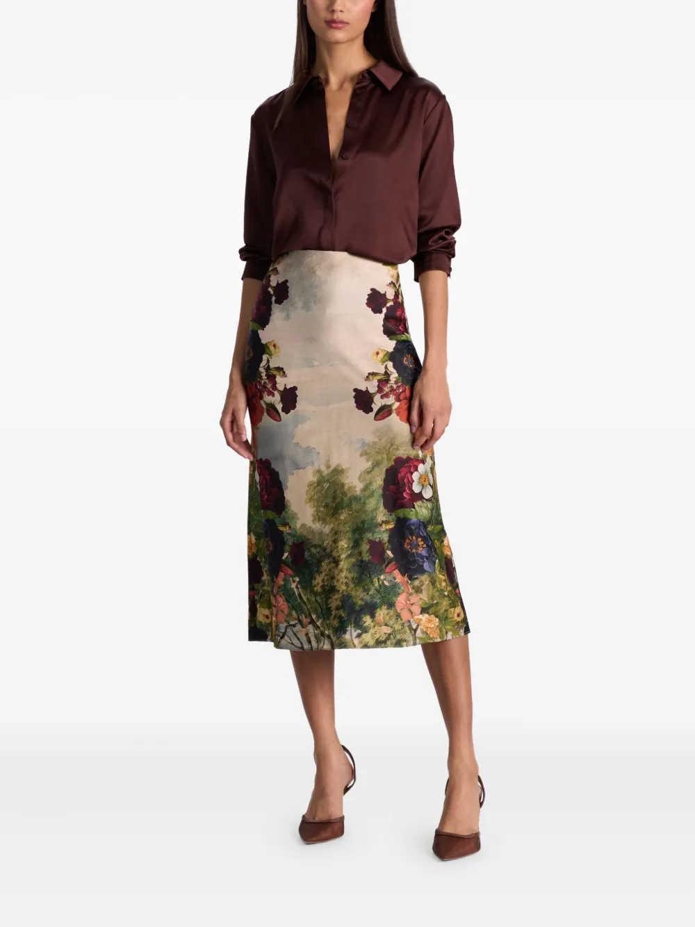 Alice + olivia Maeve satijnen midi-rok met bloemenprint - Beige