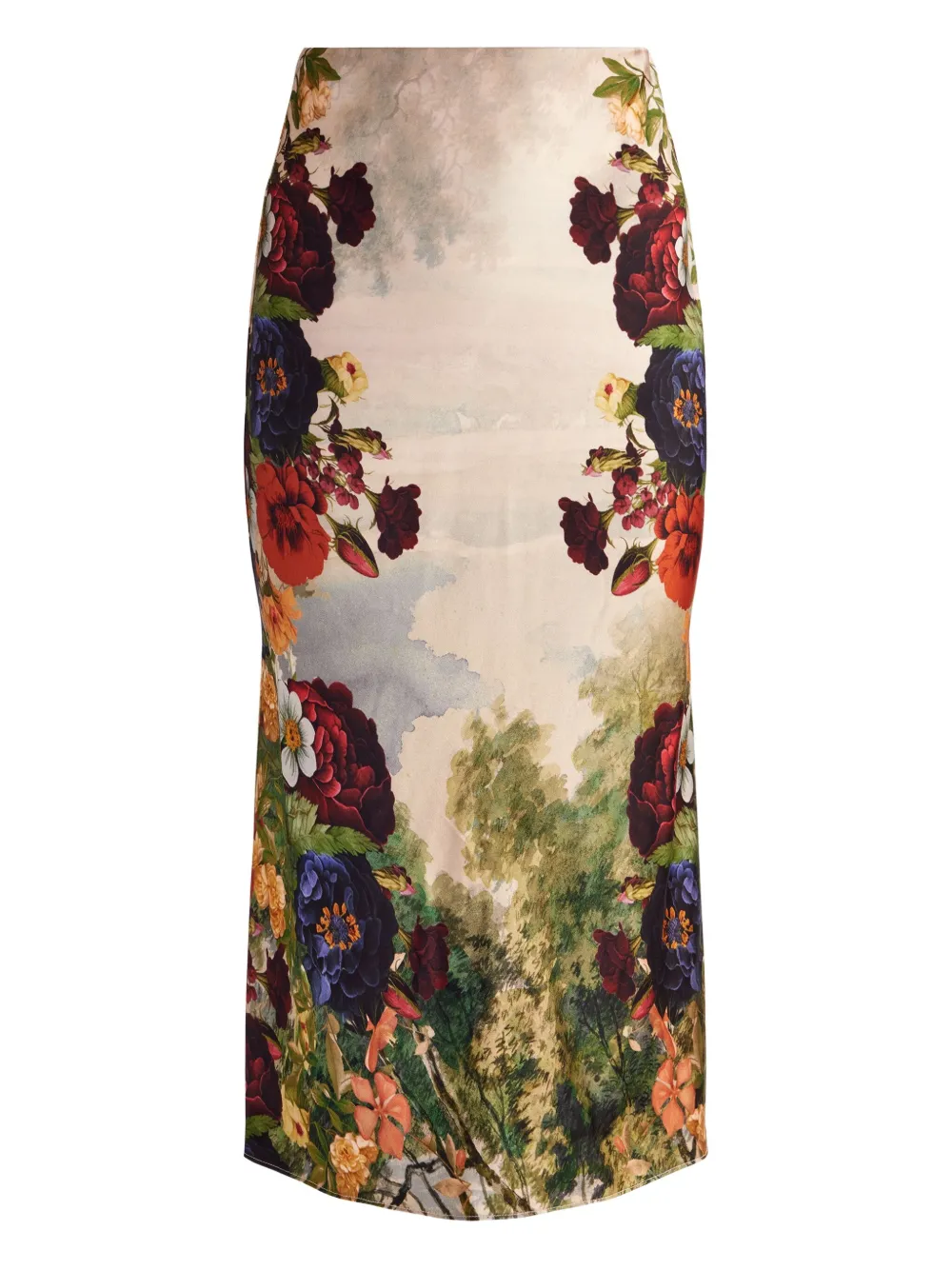 Alice And Olivia Maeve Floral-print Satin Midi Skirt In Neutral