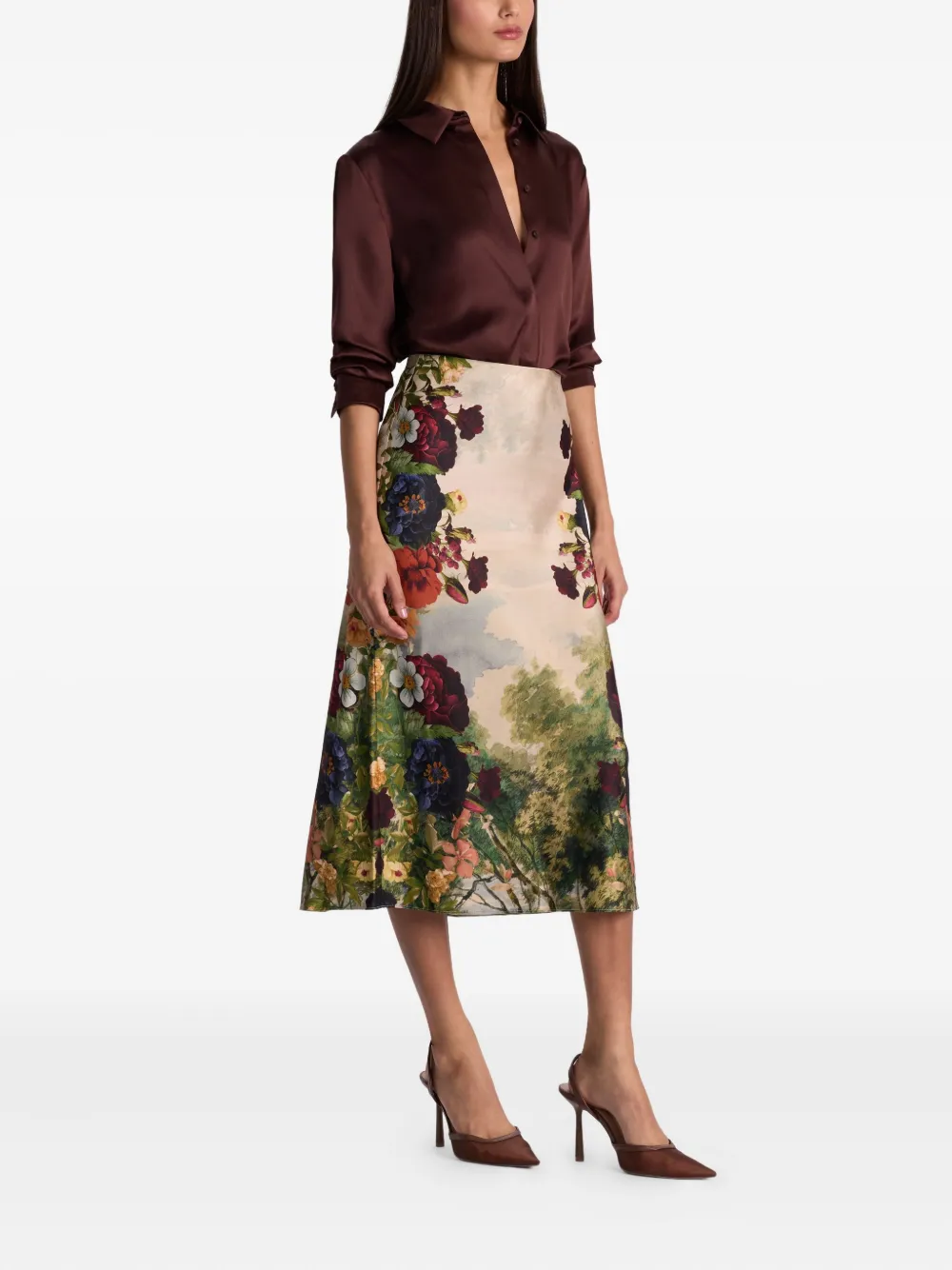 Alice And Olivia Maeve Floral-print Satin Midi Skirt In Neutral