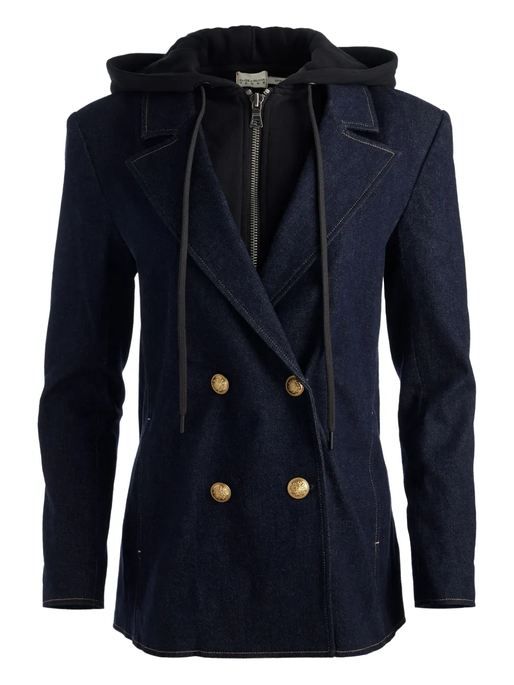 Alice And Olivia Jordan Double-breasted Hooded Denim Blazer In Blue
