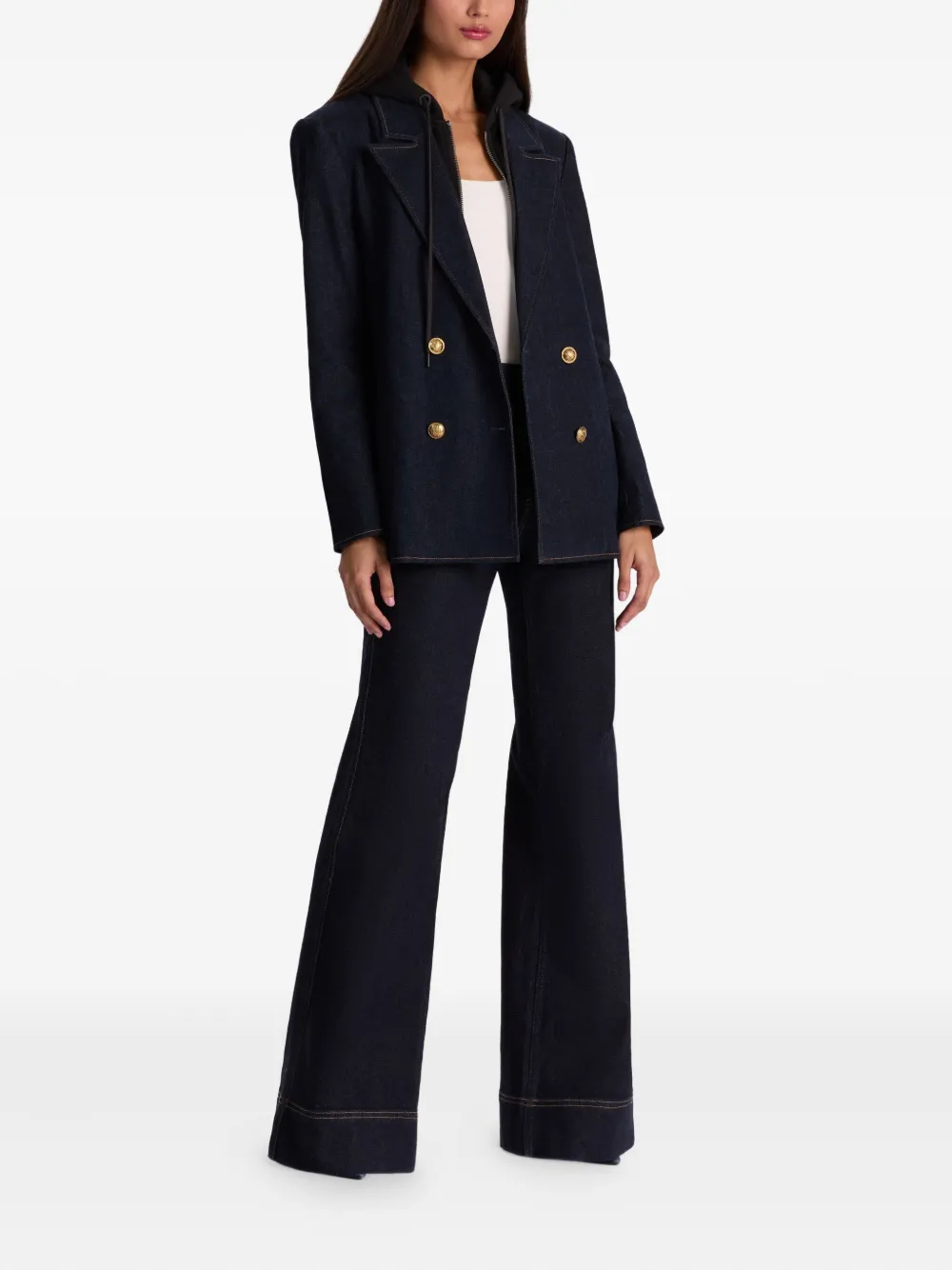 Alice And Olivia Jordan Double-breasted Hooded Denim Blazer In Blue