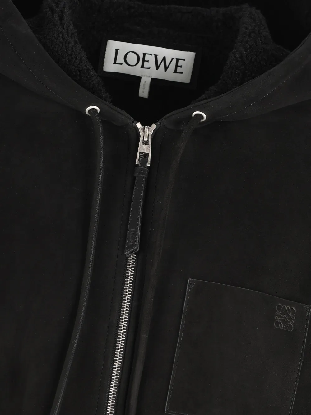 Loewe Hooded Shearling Jacket In Black