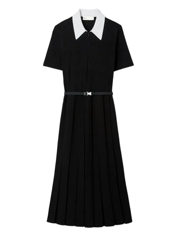 Tory Burch T Monogram Pointelle Pleated Dress in Black