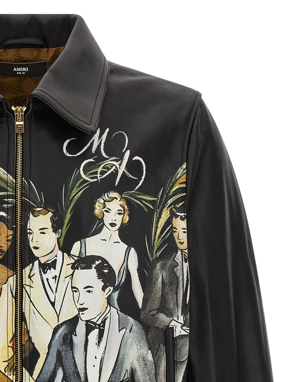 Amiri Graphic Print Leather Jacket With Collared Neck In Black