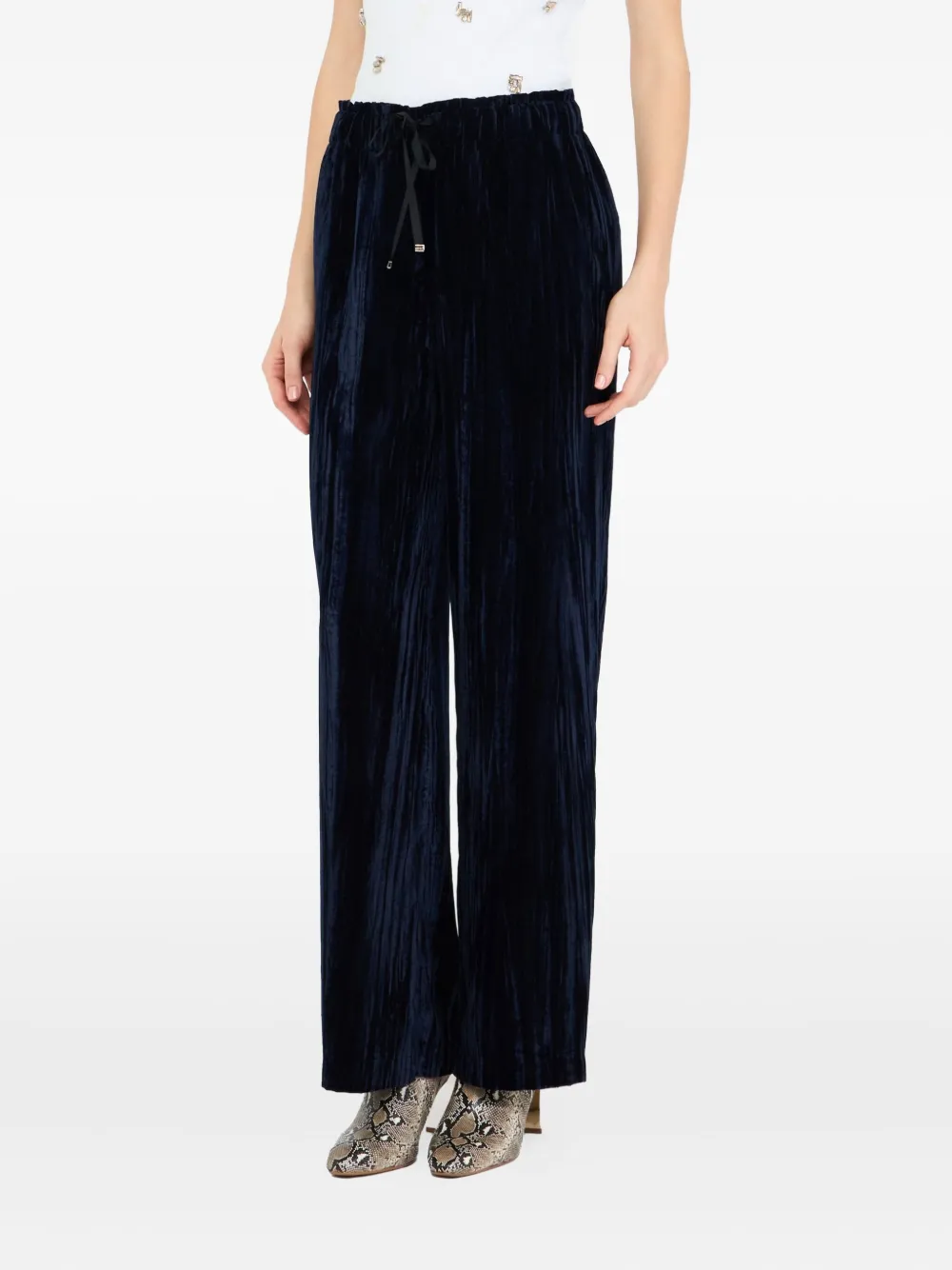 Liu •jo Velvet Navy Blue Wide-leg Trousers With Elastic Waistband In Blue