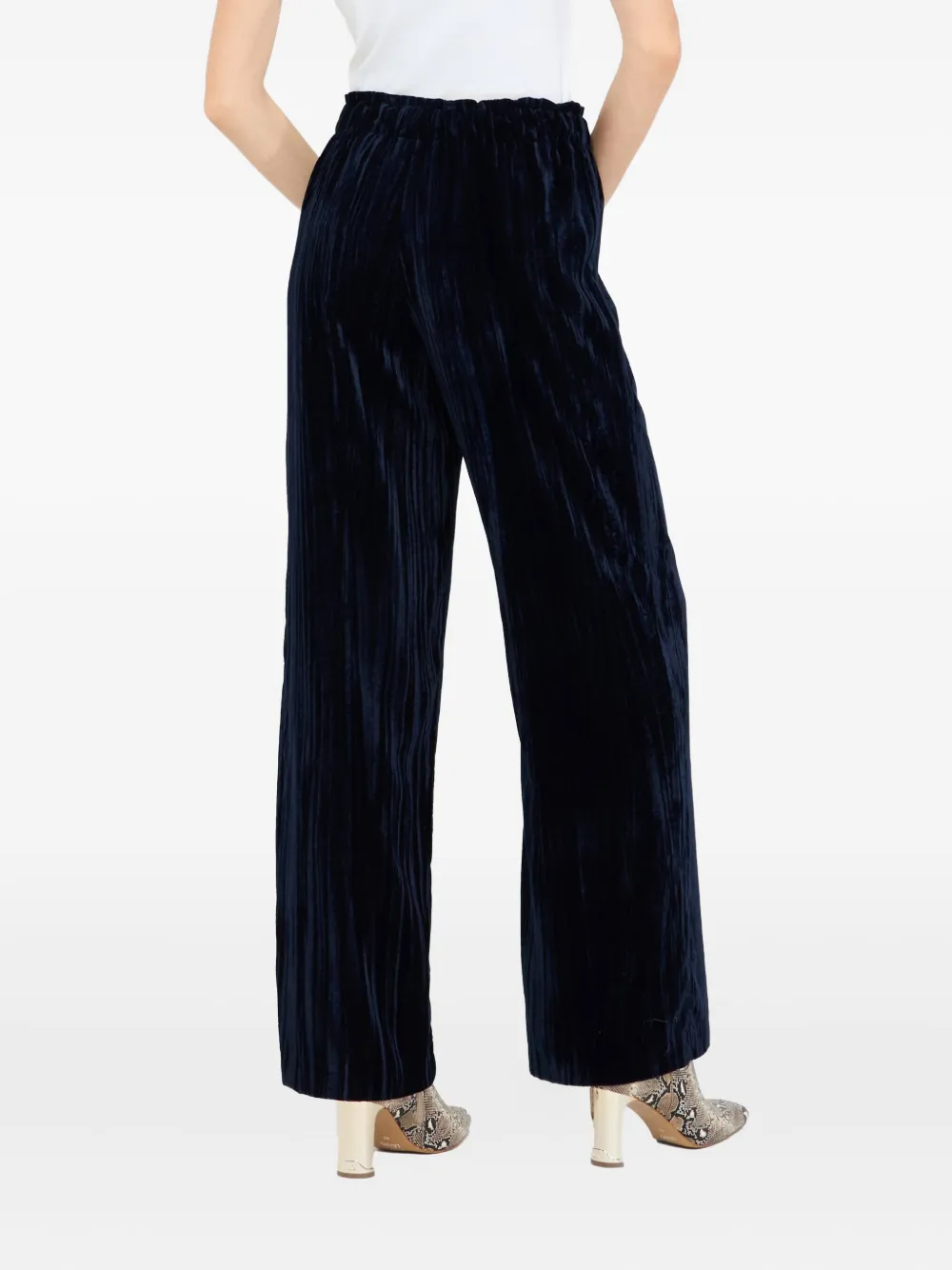 Liu •jo Velvet Navy Blue Wide-leg Trousers With Elastic Waistband In Blue