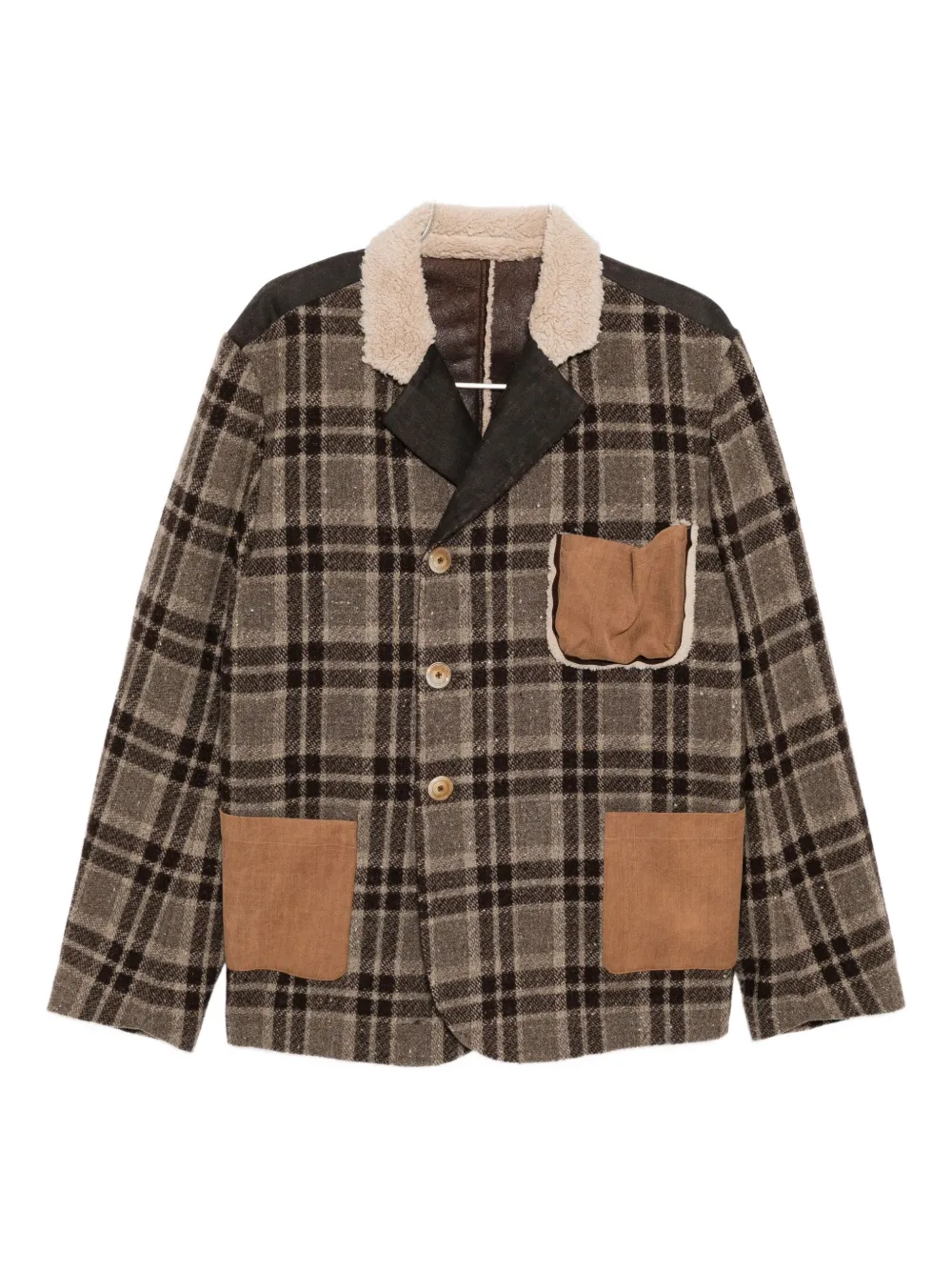 Communs Checked Leather Jacket In Brown