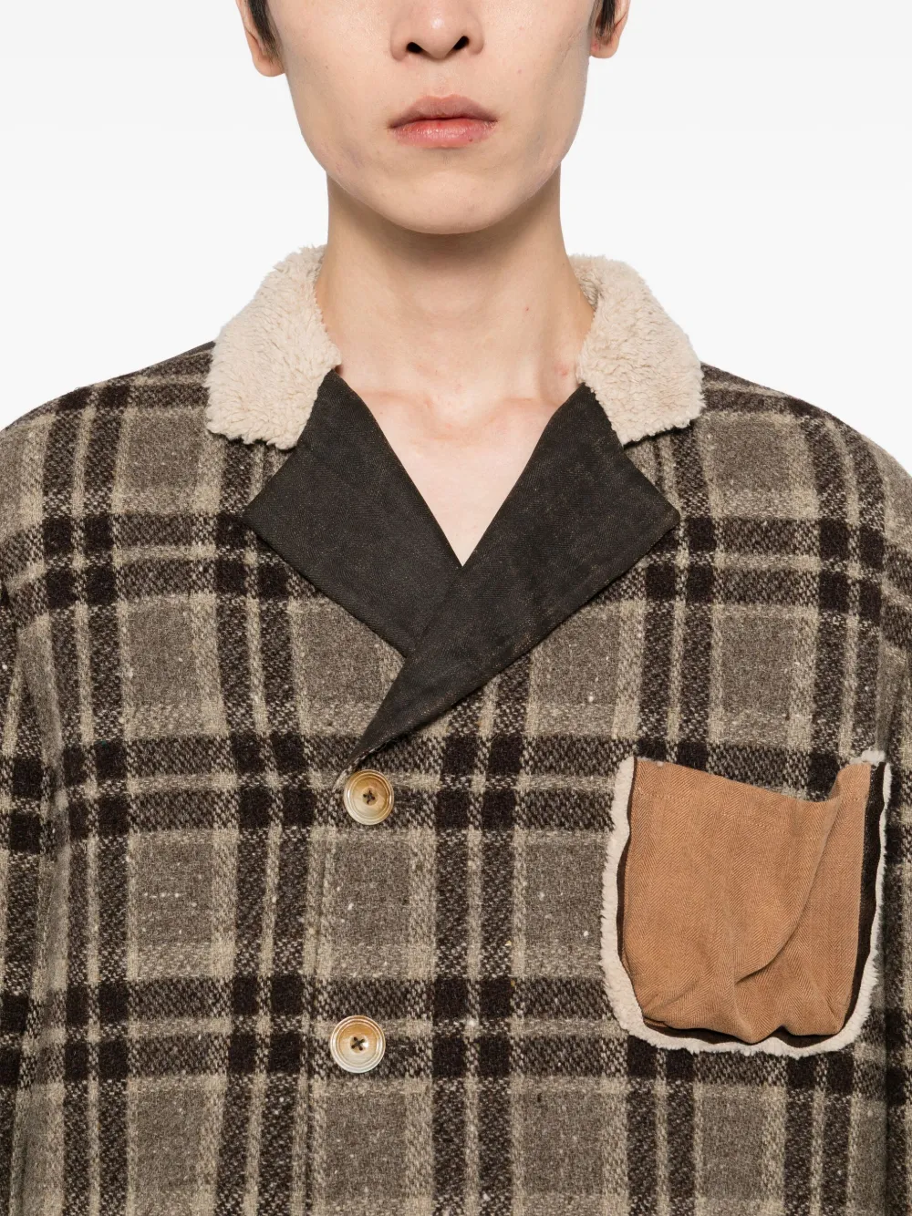 Communs Checked Leather Jacket In Brown