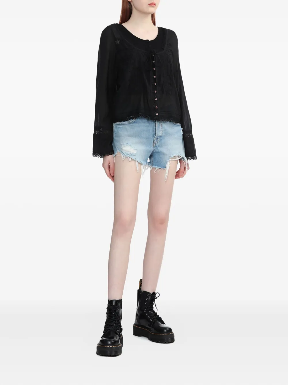 Free People lace-trimmed shirt - Zwart