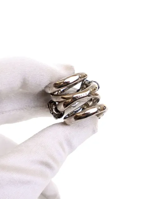 Gucci Pre-Owned 2015-2025 Silver Plated Faux Pearl Tiger Heads Double Wrap Ring costume ring
