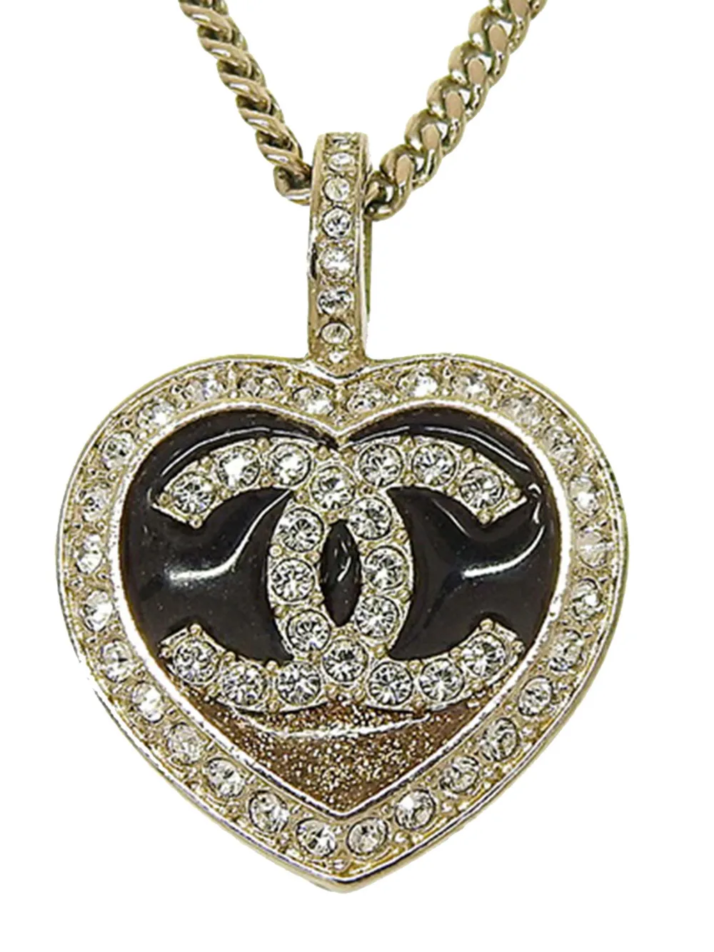 CHANEL Pre-Owned 2023 CC Gold Plated Rhinestones and Enamel Heart Pendant Necklace costume necklace | Black | Image 1