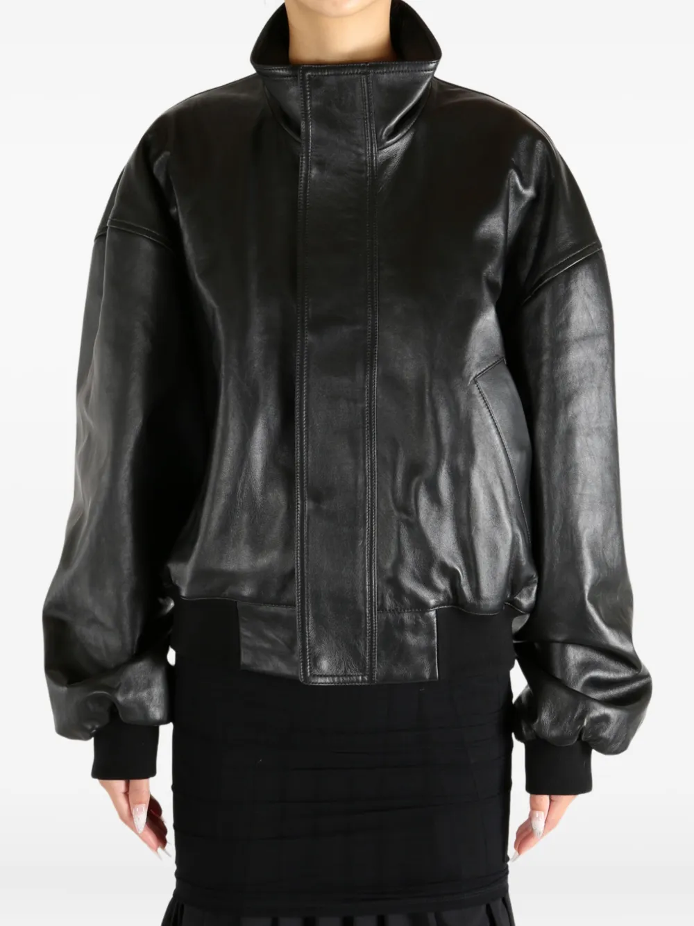 Balenciaga High-neck Leather Bomber Jacket In Black