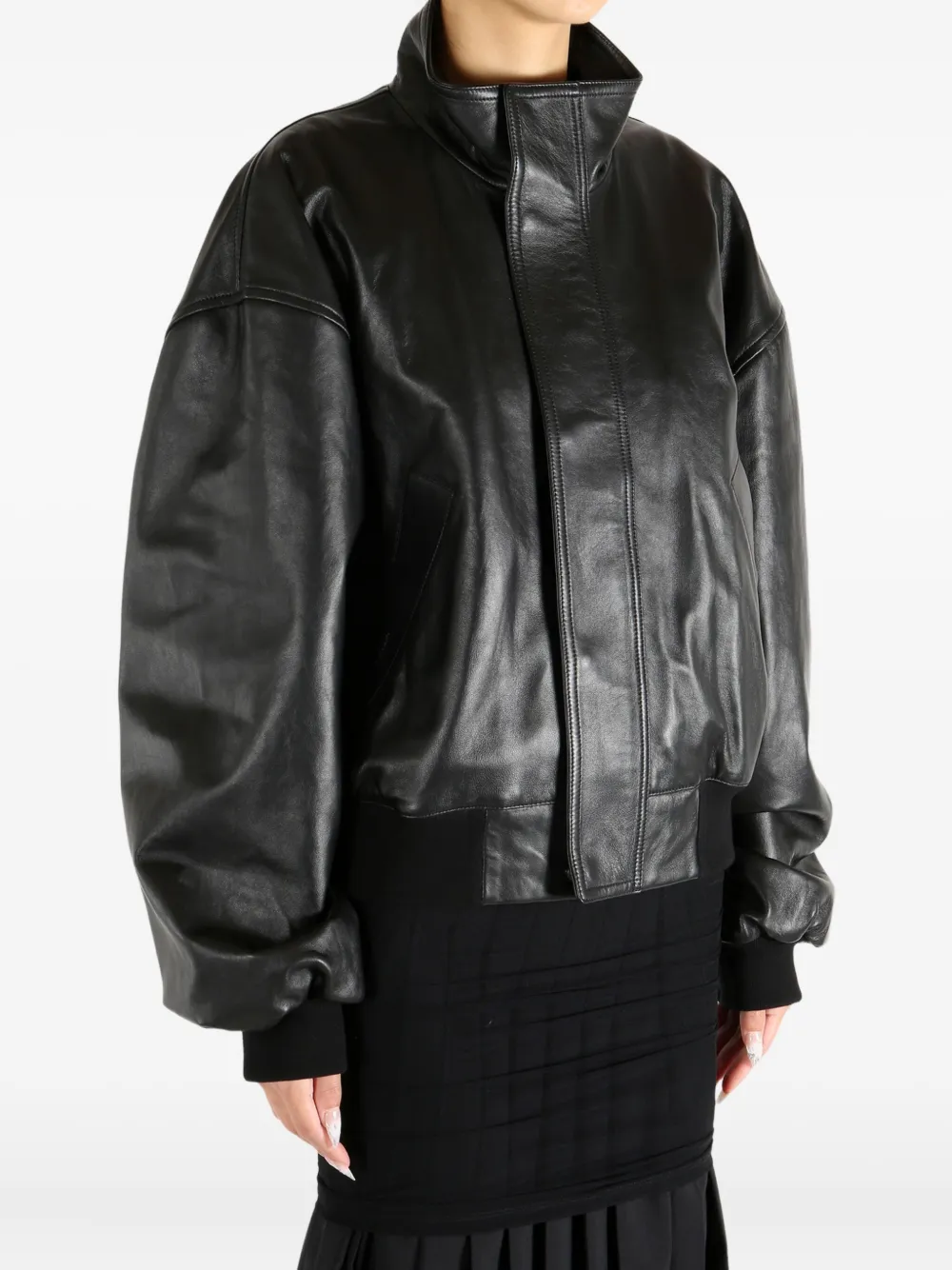 Balenciaga High-neck Leather Bomber Jacket In Black