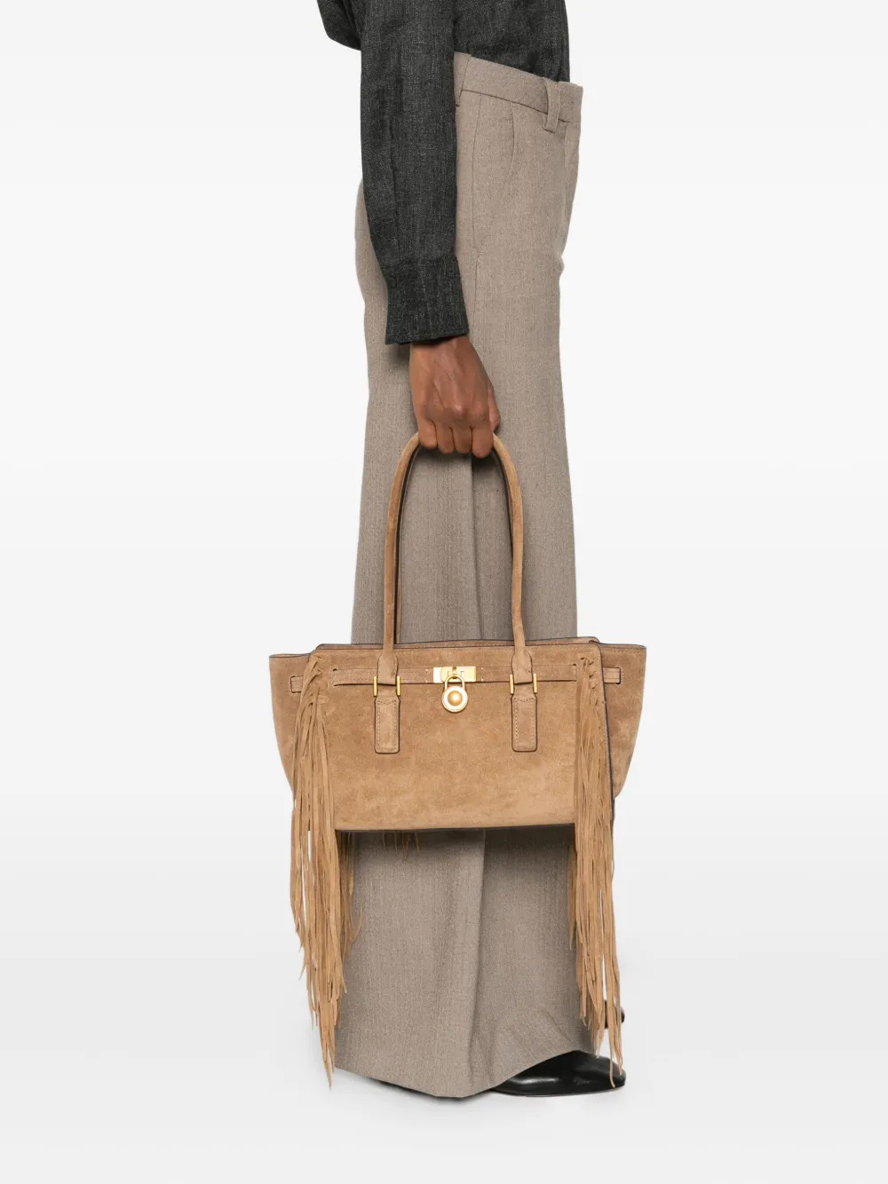 Michael Kors Kleine Hamilton suède schoudertas met franje - Bruin
