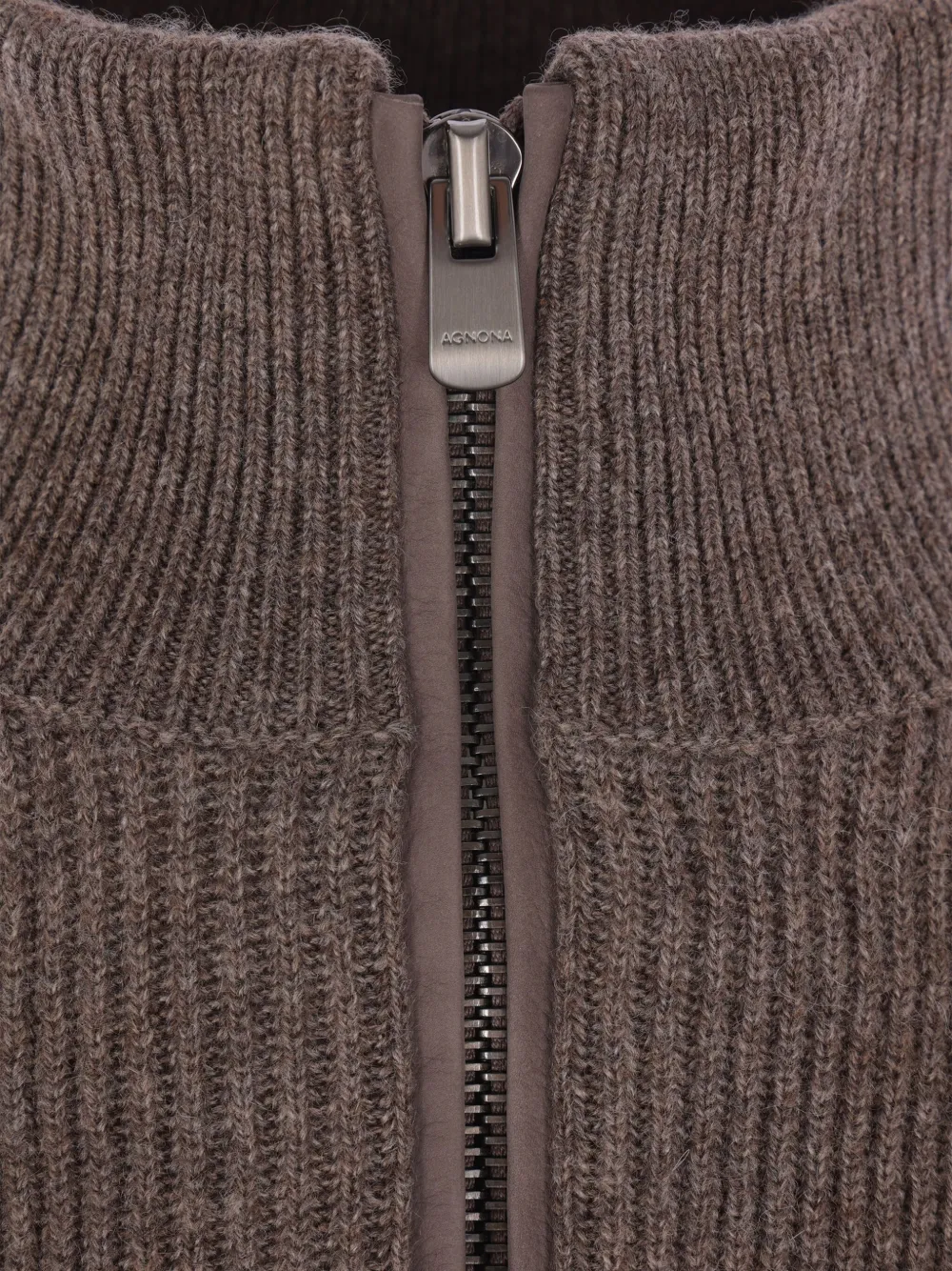 Agnona Ribbed High-neck Zip-front Cardigan In Brown