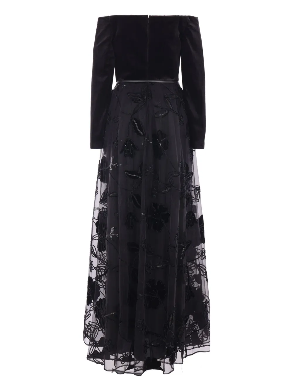 Elie Saab velvet floral-embroidered tulle dress - Zwart