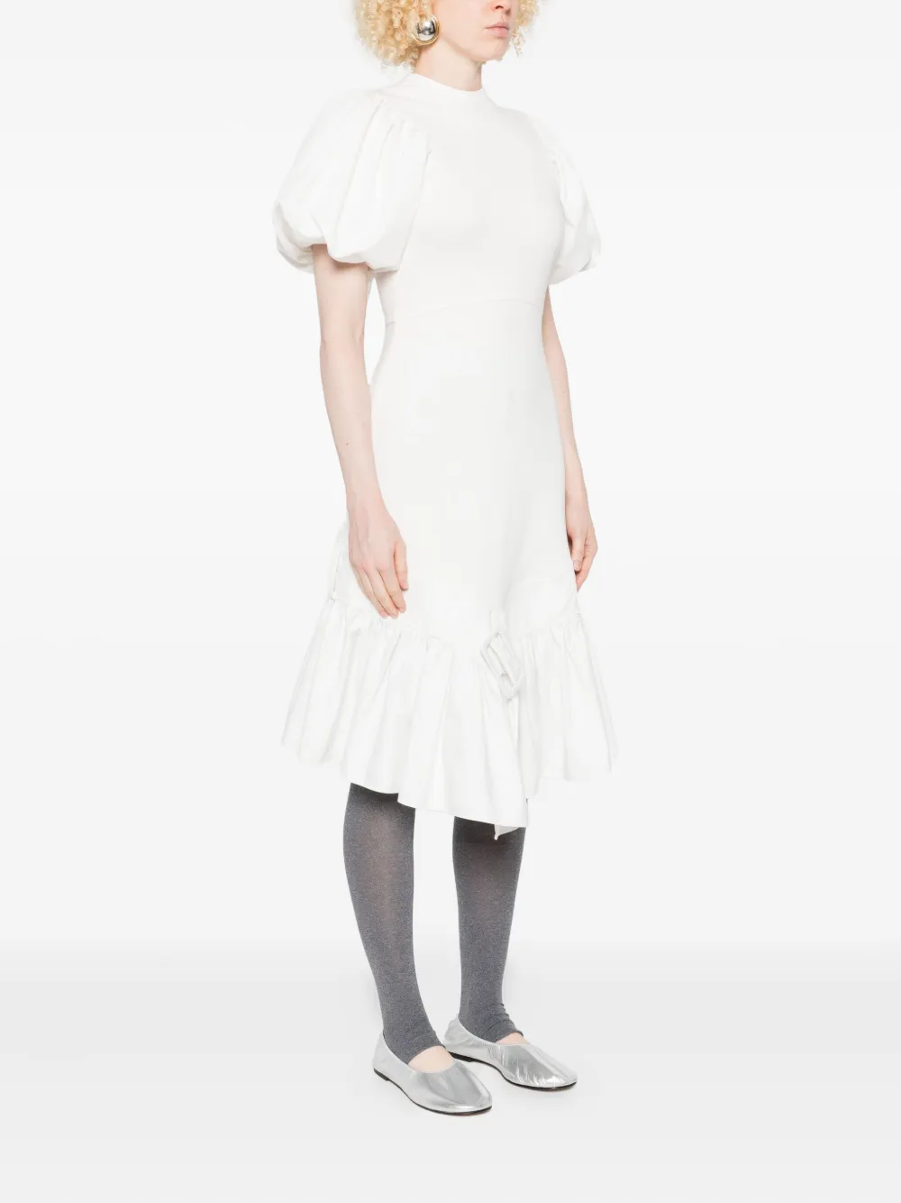 Rokh Puff-sleeve Ruffled Dress In White