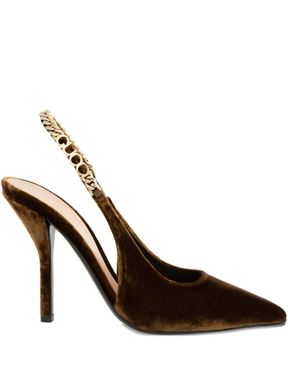 Gucci 105mm Signoria Chain-embellished Velvet Pumps In Brown