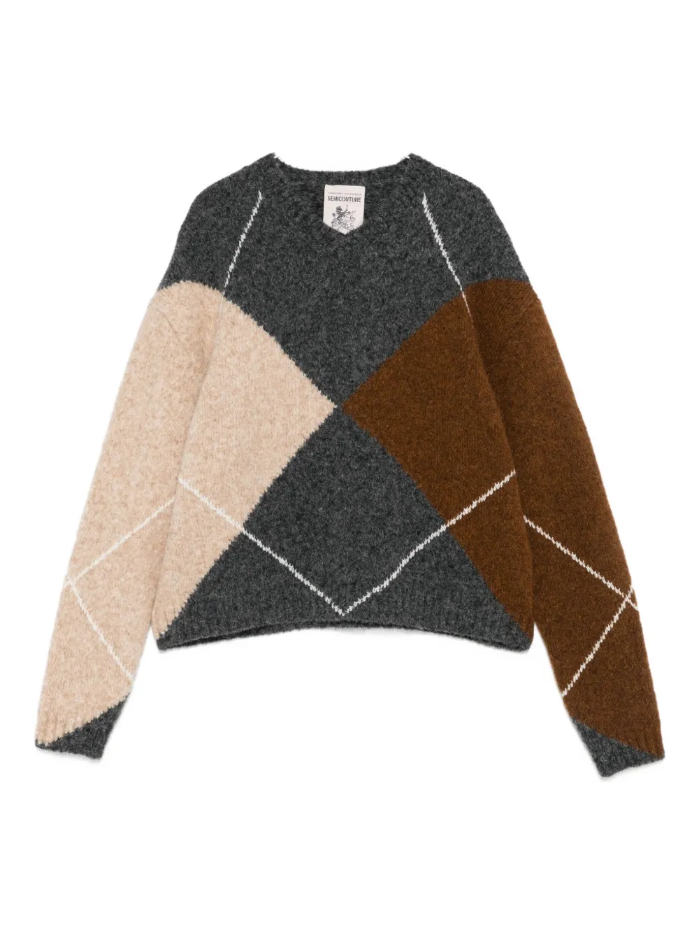 Semicouture Brown Sweater With Round Neck And All-over Argyle Motif In Wool Blend Woman In Gray