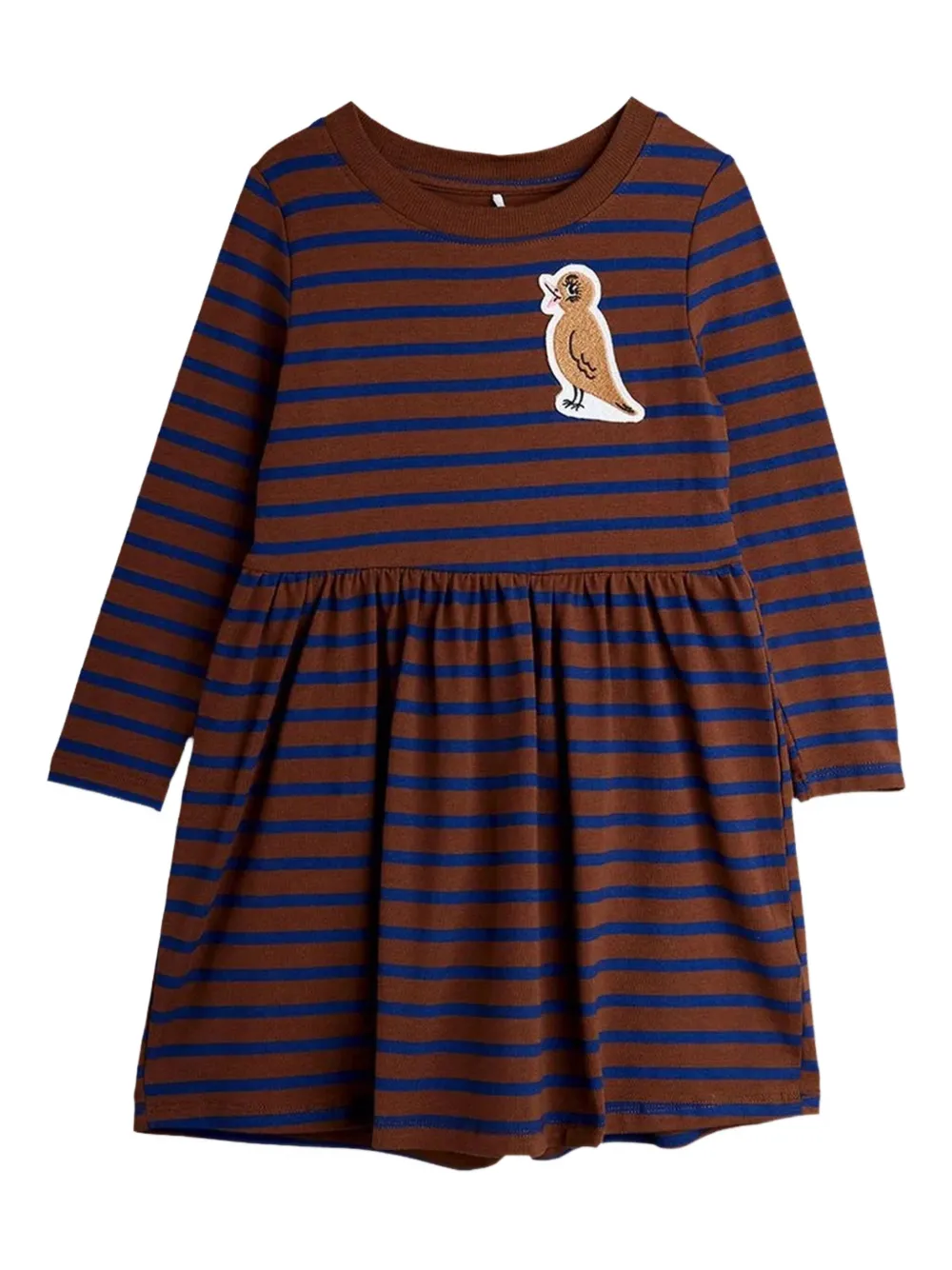 Mini Rodini bird-appliqué striped dress | Brown | Image 1