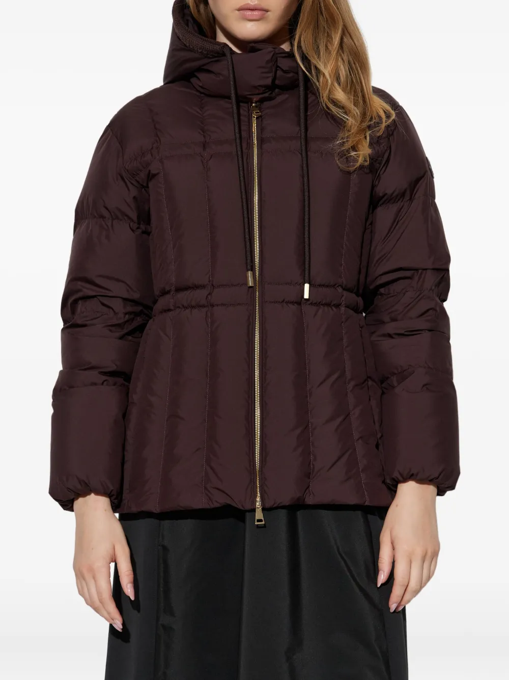 Moncler Estom Vertical-quilted Hooded Short Down Jacket In Burgundy