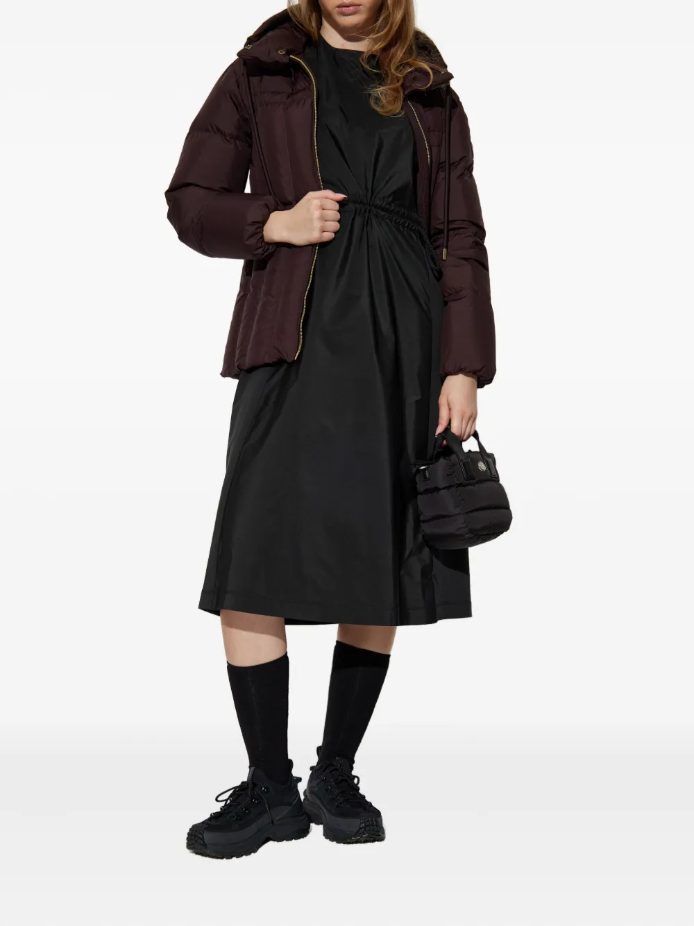 Moncler Estom Vertical-quilted Hooded Short Down Jacket In Burgundy