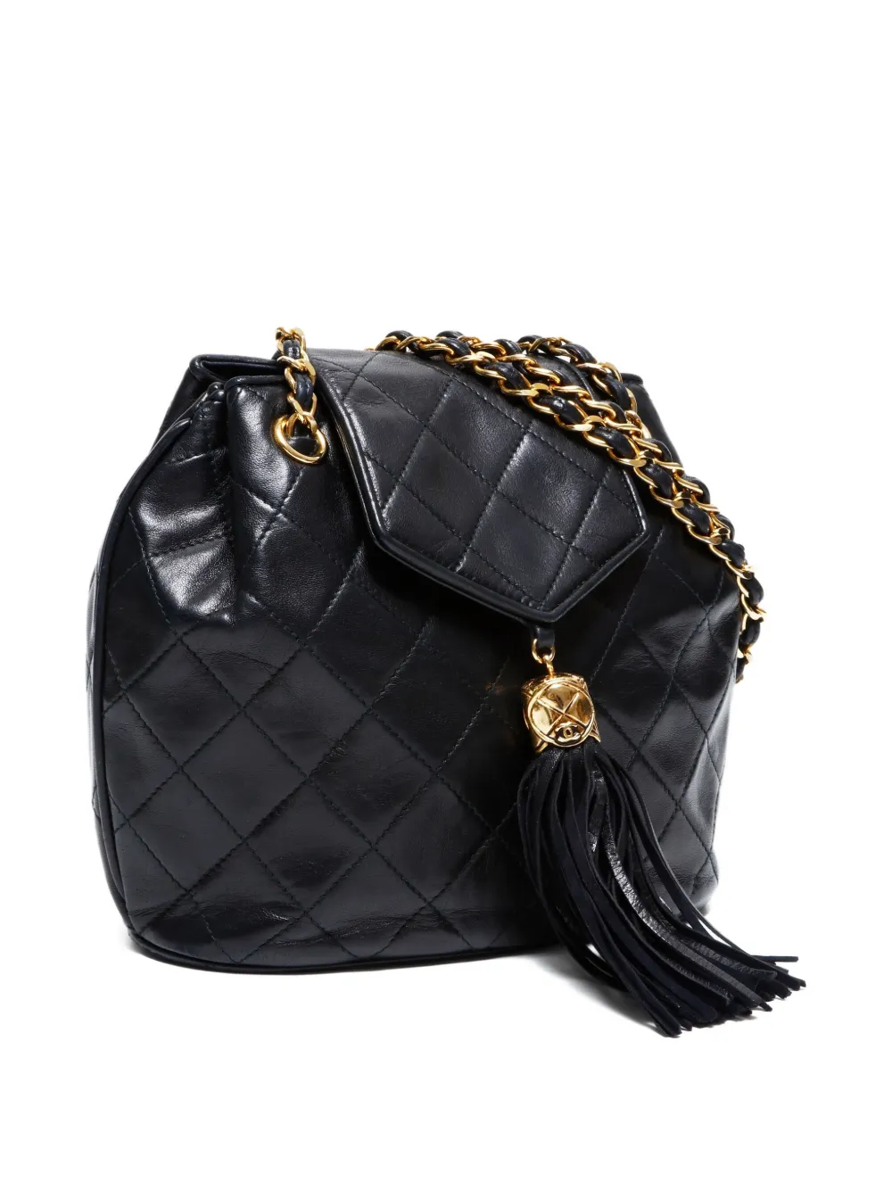 Pre-owned Chanel 1989-1991 Quilted Chain Backpack In Black