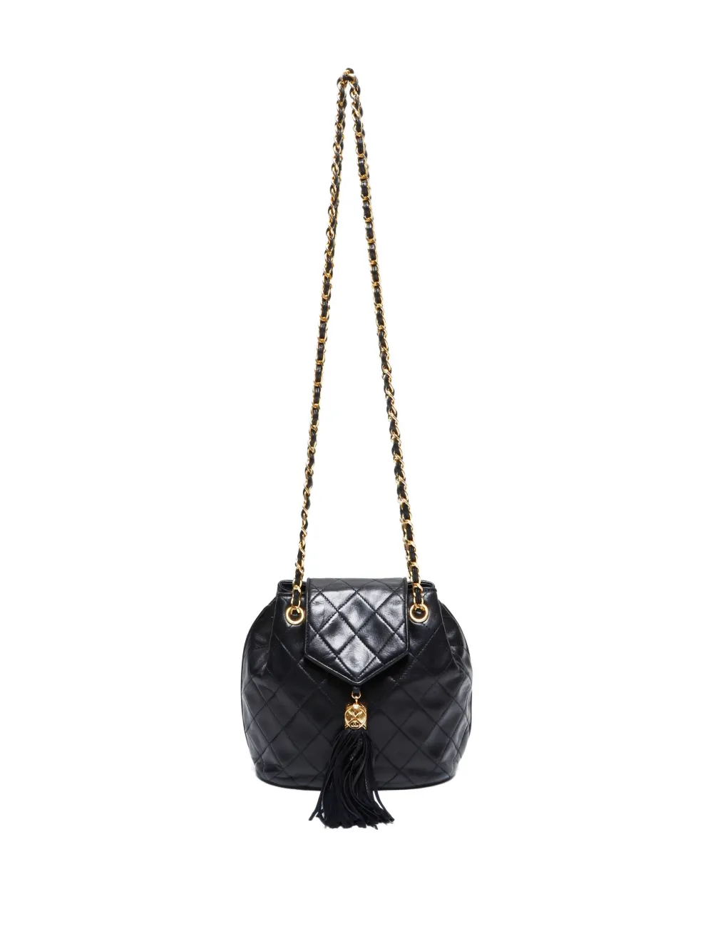 Pre-owned Chanel 1989-1991 Quilted Chain Backpack In Black