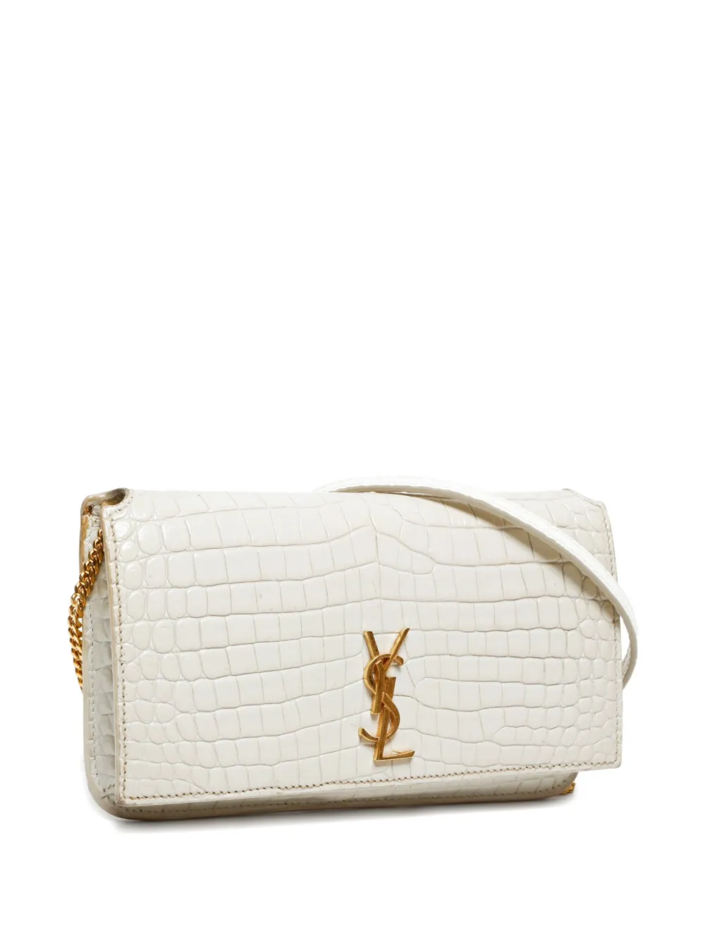 Pre-owned Saint Laurent 2020s Crocodile-embossed Chain Phone Case In White