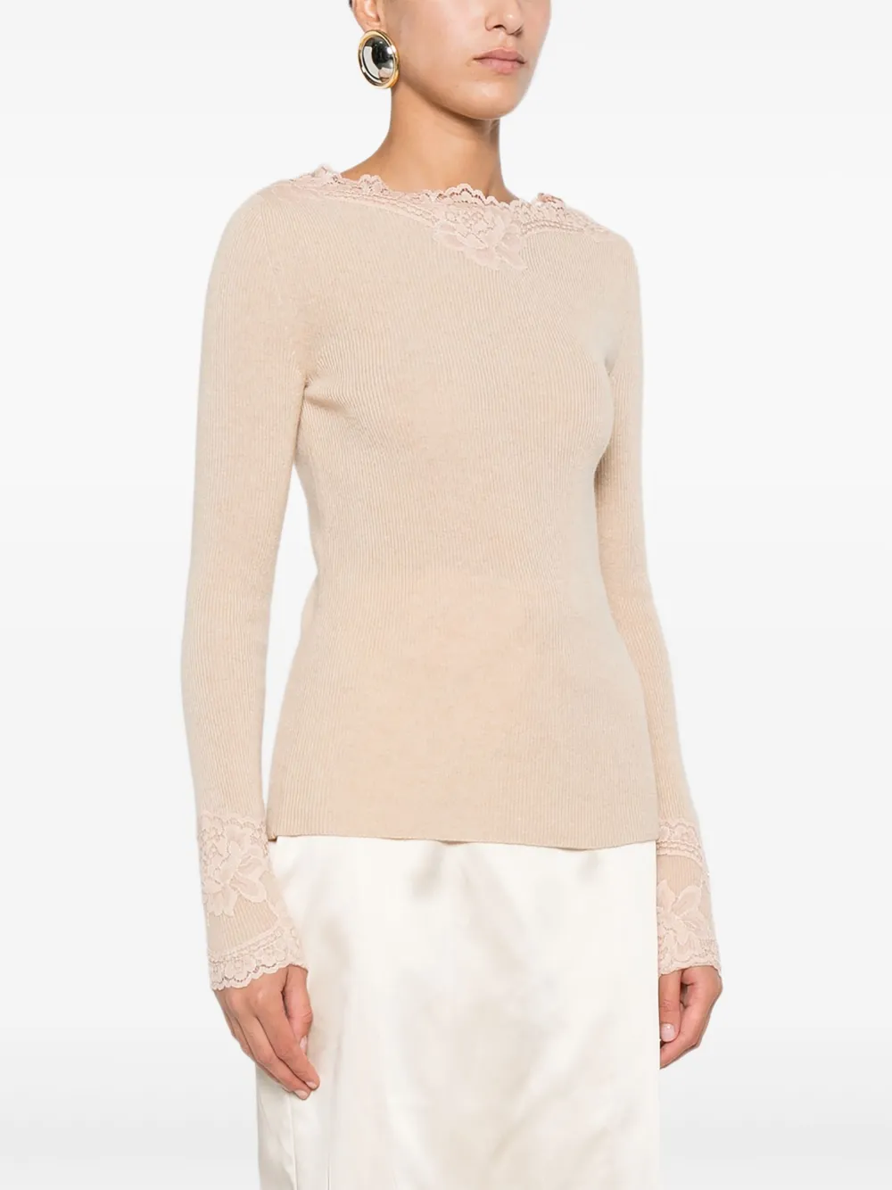 Valentino Lace-trim Ribbed Top In Neutral