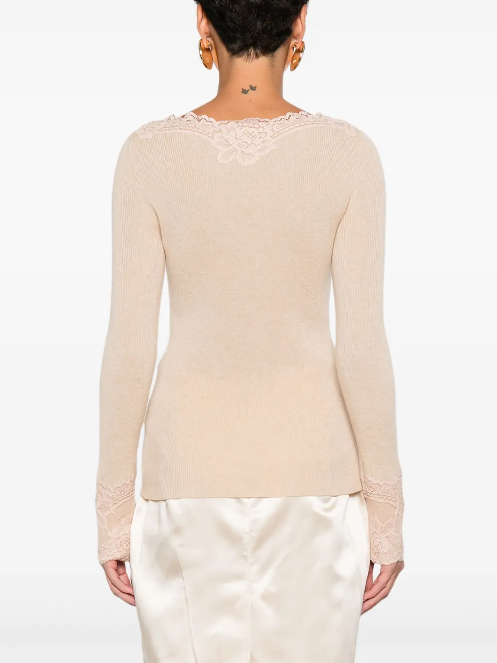 Valentino Lace-trim Ribbed Top In Neutral