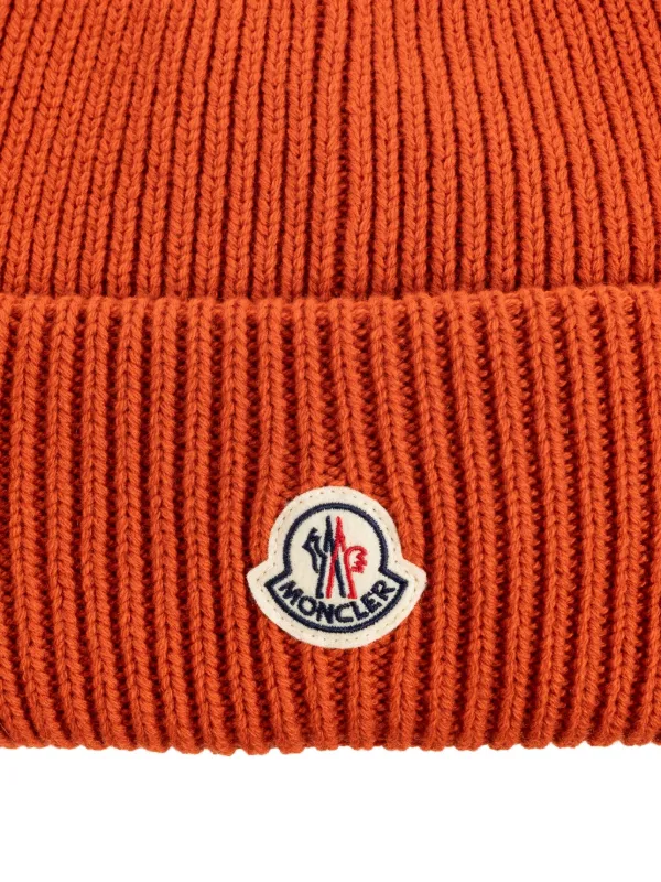 Moncler Ribbed logo-patch Beanie | Orange | FARFETCH