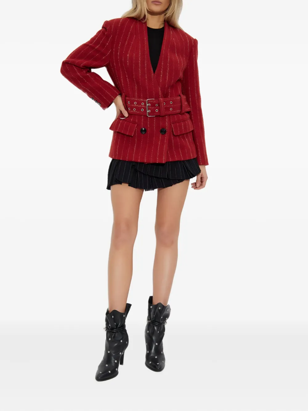 Isabel Marant Pinstripe Belted Jacket In Red