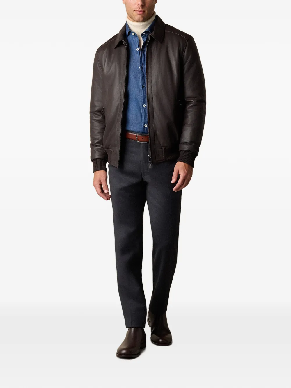 Brooks Brothers Leather Bomber Jacket - Brown 