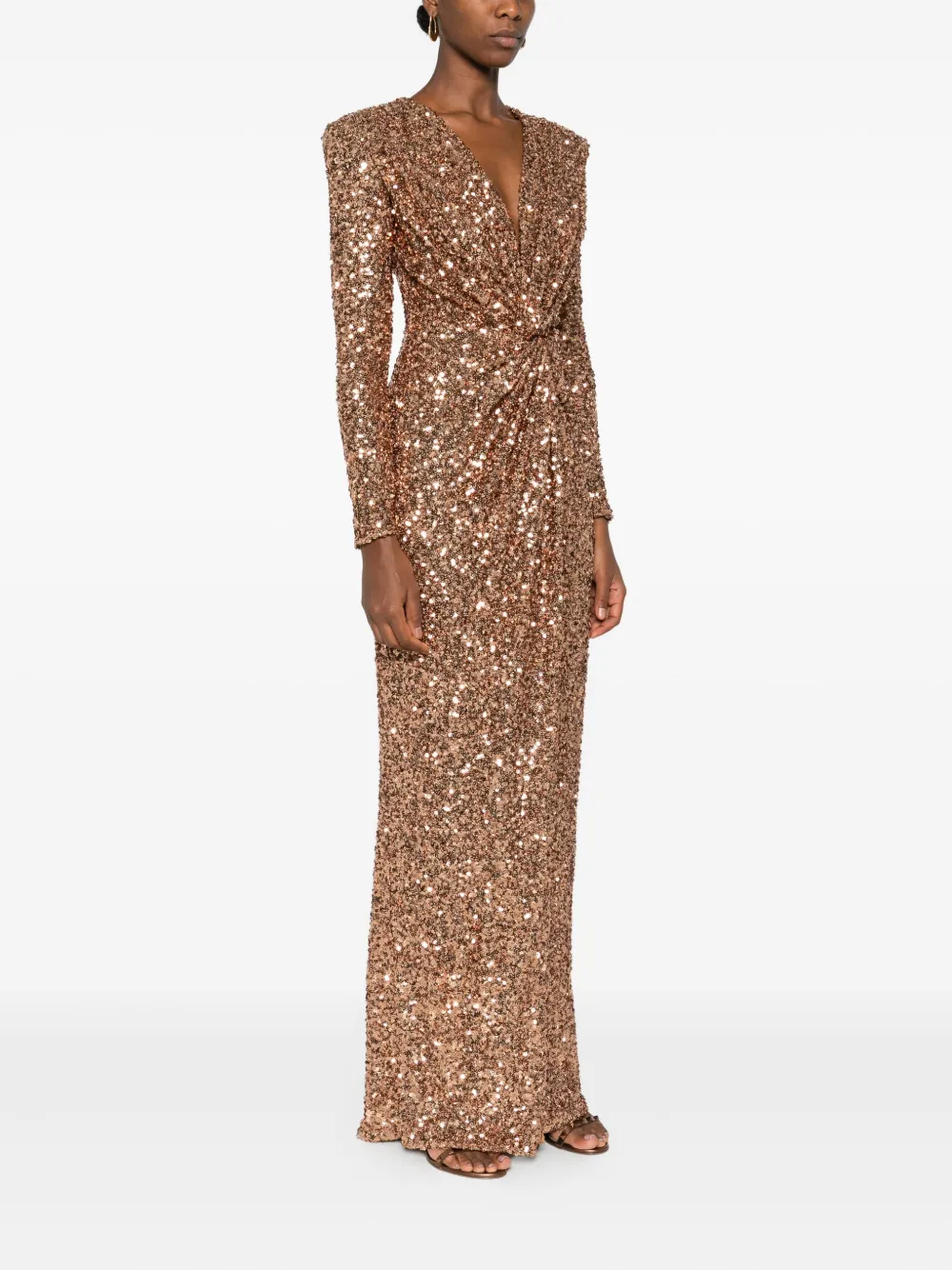 Elisabetta Franchi Sequin Embellished Maxi Dress V-neckline In Brown