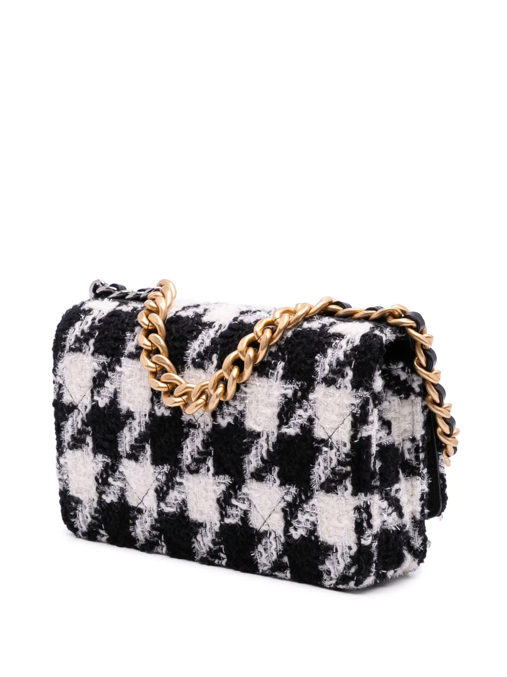 Pre-owned Chanel 2019 Houndstooth Tweed 19 Wallet On Chain Satchel In Black