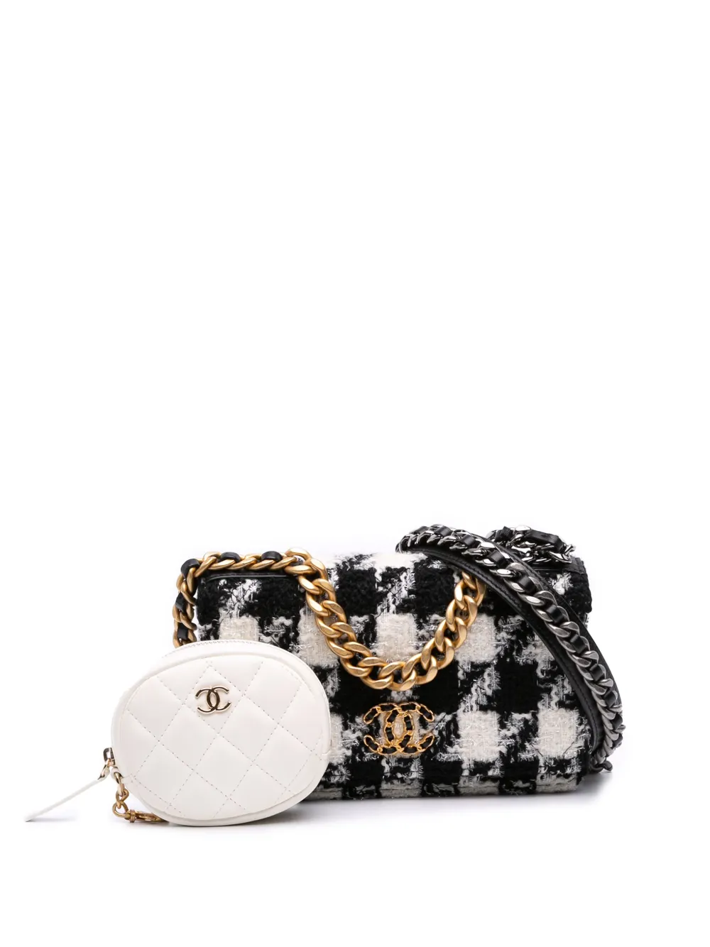 CHANEL Pre-Owned 2019 ハウンドトゥース ツイード 19 ウォレットオンチェーン サッチェルバッグ - ブラック CHANEL Pre-Owned 2019 ハウンドトゥース ツイード 19 ウォレットオンチェーン サッチェルバッグ - ブラック
