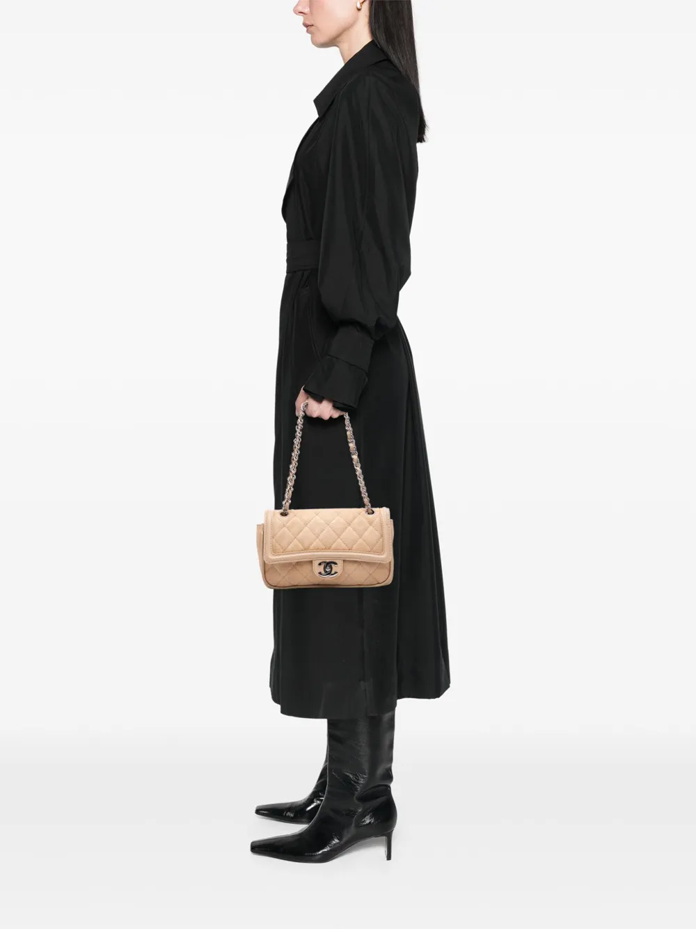 Pre-owned Chanel 2006-2008 Medium Classic Lambskin Trimmed Canvas Line Double Flap Shoulder Bag In Brown