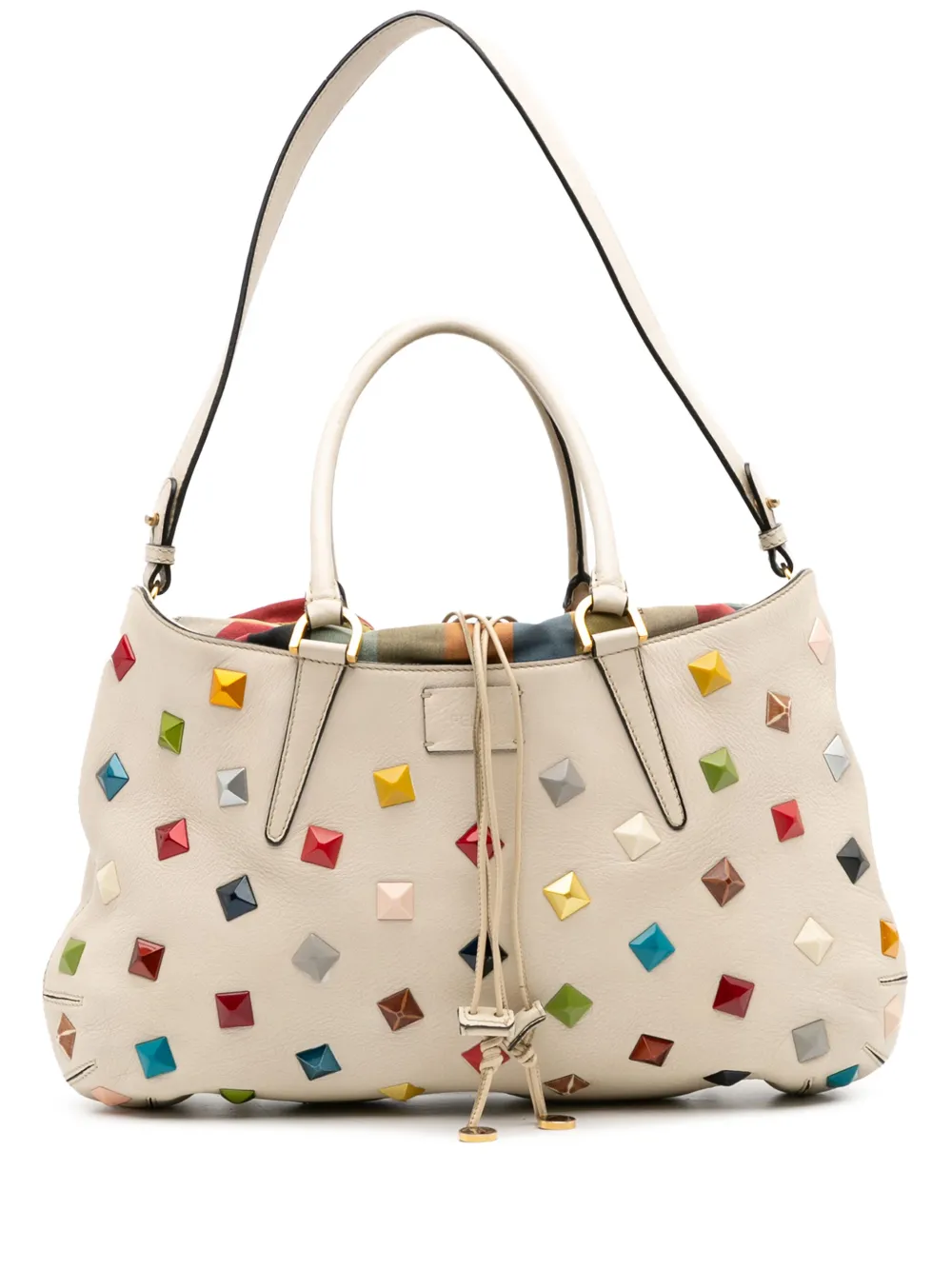 Pre-owned Fendi 2010-2025 Medium Studded Leather B Fab Drawstring Tote Satchel In White