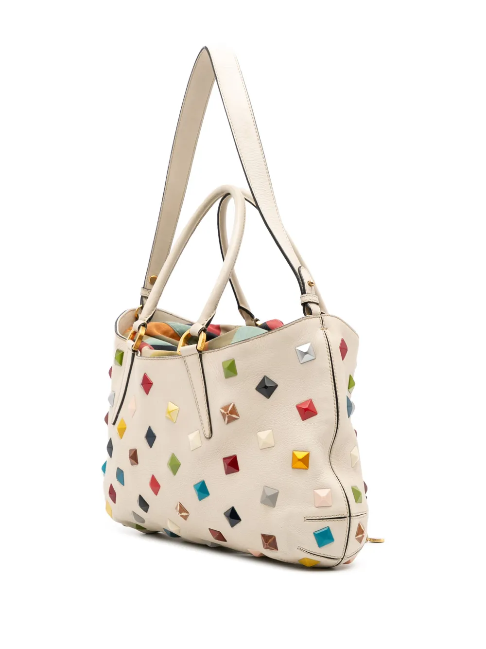 Pre-owned Fendi 2010-2025 Medium Studded Leather B Fab Drawstring Tote Satchel In White