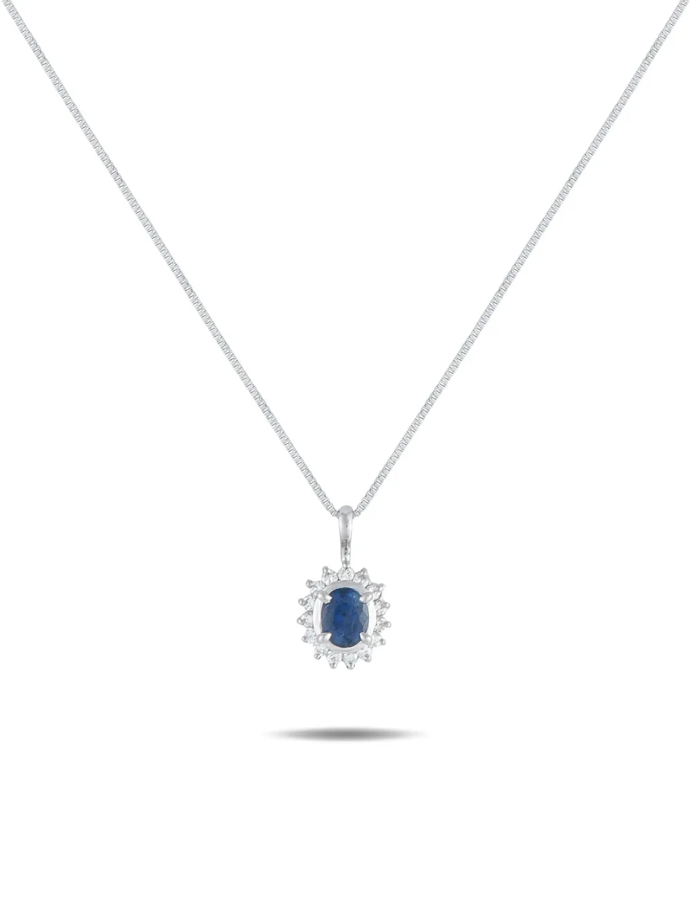 LB Exclusive Platinum Diamond Sapphire Sunburst Pendant Necklace | Silver | Image 1