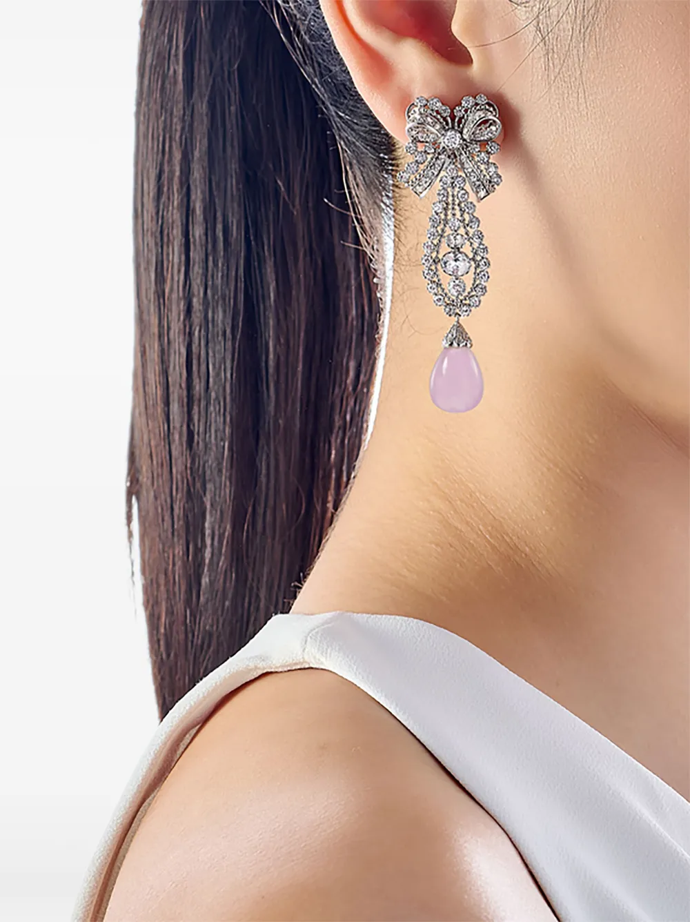 Anabela Chan Rhodium Vermeil Dentelle Bow Kunzite And Diamond Earrings In White
