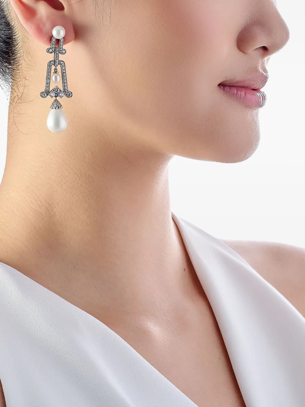 Anabela Chan Rhodium Vermeil Moderne Pearl And Diamond Earrings In Metallic
