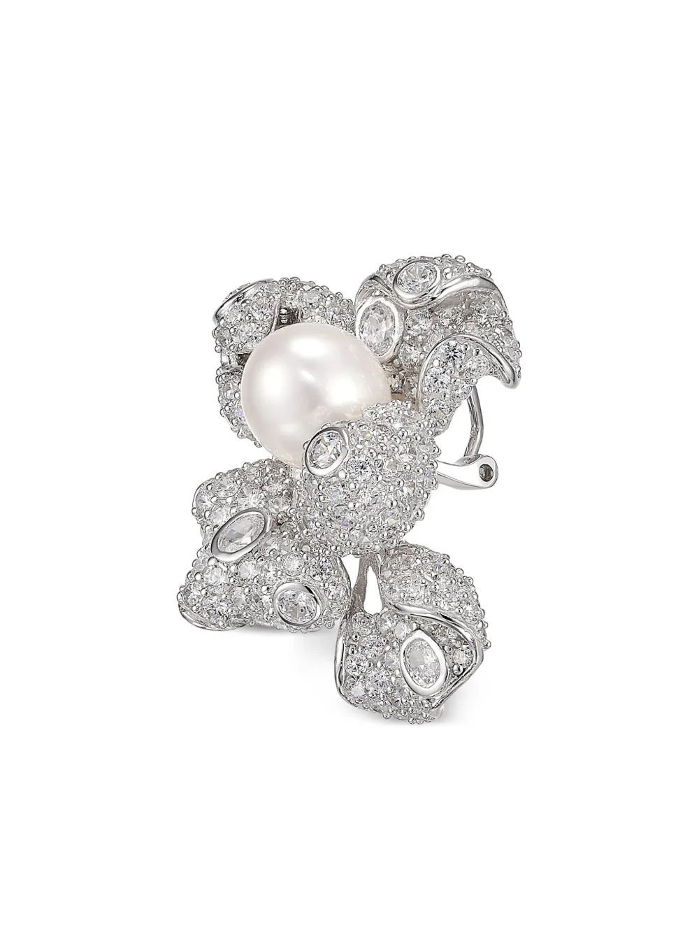 Rhodium Vermeil Blossom Pearl And White Diamond Earrings