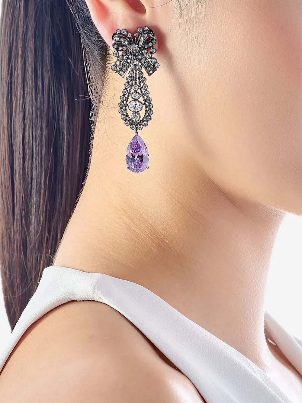 Anabela Chan Rhodium Vermeil Dentelle Bow Amathyst And Diamond Earrings In Silver