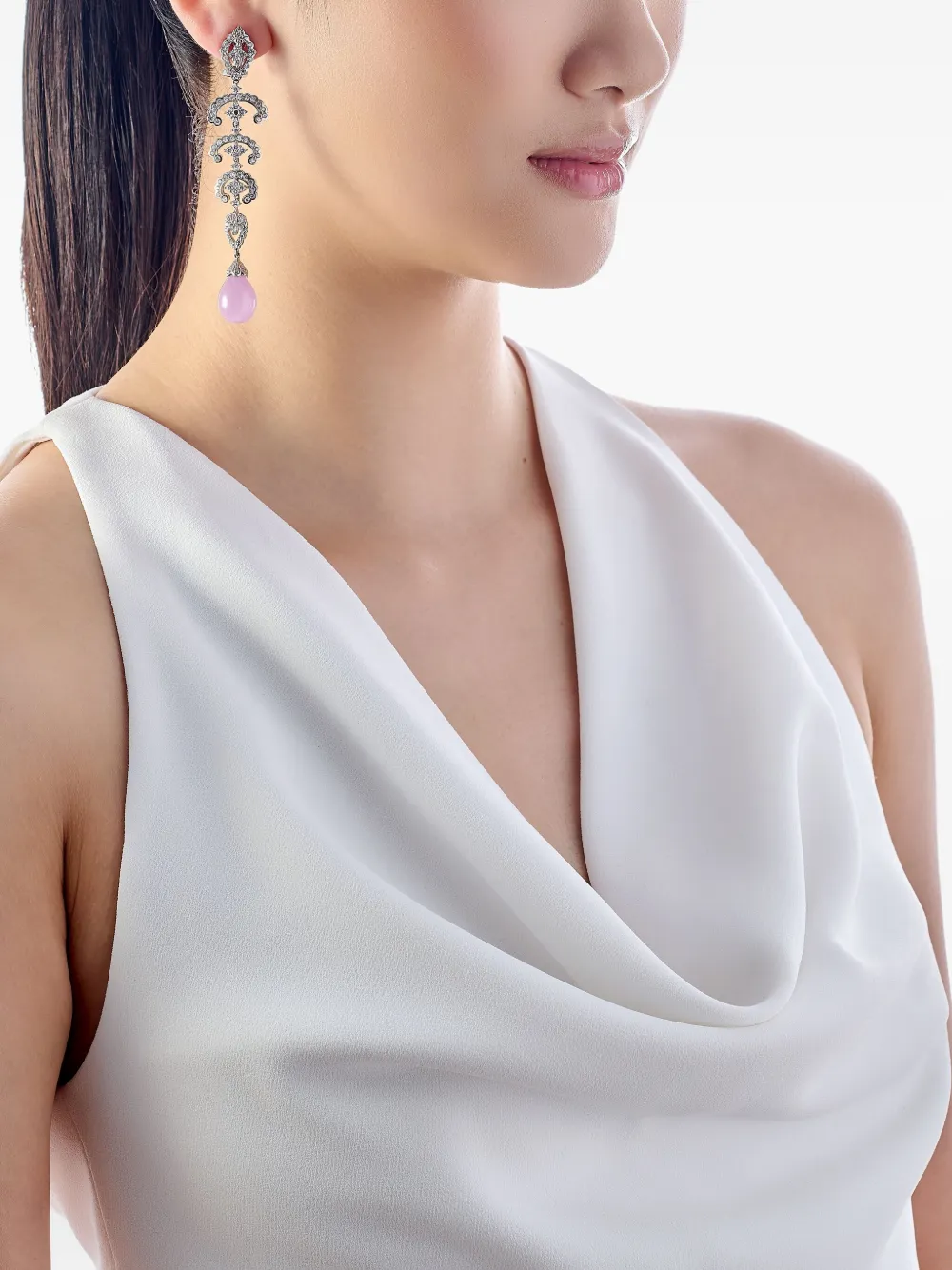 Anabela Chan Rhodium Vermeil Scallop Lace Kunzite And Diamond Earrings In Metallic